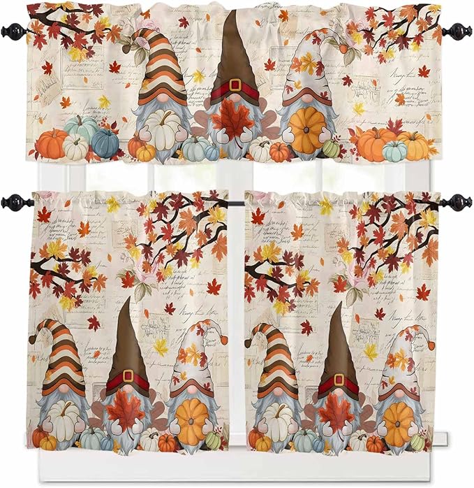 Fall Gnomes Kitchen Curtain Set, Thanksgiving Maple Leaf Rustic Pumpkin Window Valance and Tiers 24" Length, Light Filtering Short Curtains Valance for Cafe Bathroom Bedroom 54"x18"