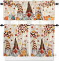 Fall Gnomes Kitchen Curtain Set, Thanksgiving Maple Leaf Rustic Pumpkin Window Valance and Tiers 36" Length, Light Filtering Short Curtains Valance for Cafe Bathroom Bedroom 54"x18"