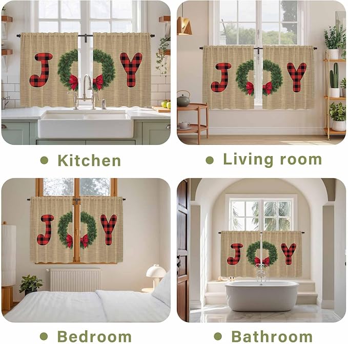 Red Green Christmas Kitchen Curtains 54 Inch Long 2 Panel Set, Rod Pocket Window Curtains Panels, Xmas Botanical Winter Farmhouse Light Filtering Privacy Draperies for Bedroom Laundry 42"W x 54"L