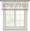 Blue Pink Floral Sheer Valance Curtains, Spring Summer Botanical Linen Black Plaid Light Filtering Kitchen Valances Rod Pocket Voile Curtain Window Treatment for Bedroom/Living Room/Basement 42Wx18L