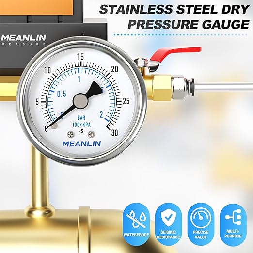 MEANLIN MEASURE 0~30Psi Dry Low Pressure Gauge Stainless Steel 1/4" NPT 2" FACE DIAL Waterproof for Pool Sand Filter Water Oil Air Pressure Test Back Mount, with 1/2" NPT and 3/8" NPT Hex Bushing