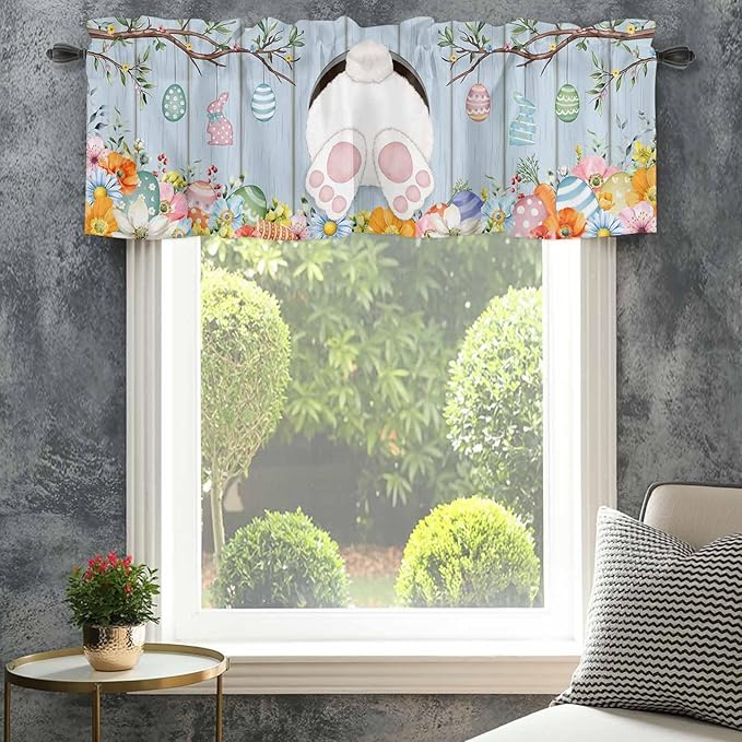 Easter Curtain Valances for Windows, Kitchen Valance Window Treatment, Spring Watercolor Bunny Eggs Flower Wood Grain Blue Light Filtering Block Curtains for Bathroom/Bedroom/Living Room 54'' x 18''