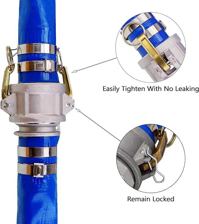 DAVCO 2" ID × 25 ft Pool Backwash Hose, Heavy Duty Reinforced Blue PVC Lay Flat Water Discharge Pump Hoses For Swimming Drain Pools and Clean Filters, with Aluminum Camlock C and E Fittings