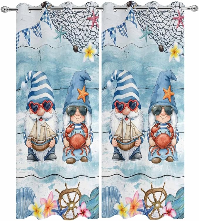 Ocean Gnome Outdoor Curtains for Patio Summer Marine Plumeria Shell Wood Blue Waterproof Outside Curtains with Grommet Top Weatherproof Curtain for Cabana Pergola Gazebo, 2 Pack, 54" W x 108" L