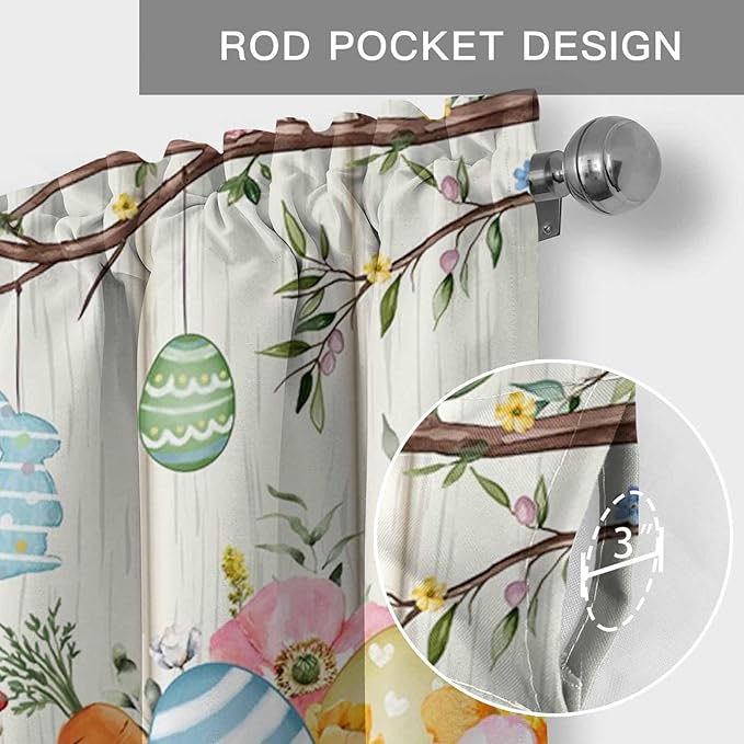 Easter Curtain Valances for Windows, Kitchen Valance Window Treatment, Spring Farmhouse Watercolor Bunny Eggs Wood Grain Light Filtering Block Curtains for Bathroom/Bedroom/Living Room 60'' x 18''