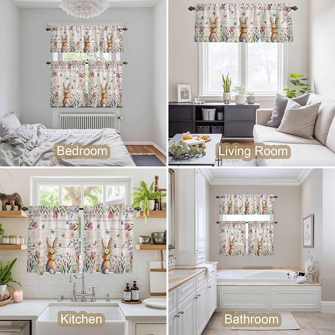 Kitchen Curtains Tiers and Valance Set of 3, Easter Light Filtering Window Curtain Set, Spring Bunny Butterfly Botanical Wooden Grain Rod Pocket Curtain Drapes for Cafe, Living Room, 24 Inches Tiers