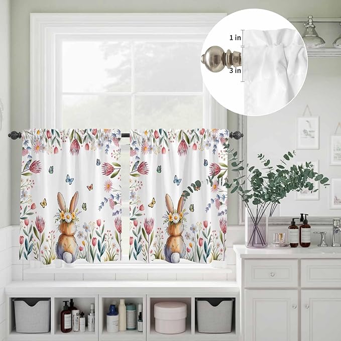 Kitchen Curtains Tiers and Valance Set of 3, Easter Light Filtering Window Curtain Set, Spring Flowers Wreath Rabbit Budding Florals Rod Pocket Curtain Drapes for Cafe, Living Room, 24 Inches Tiers