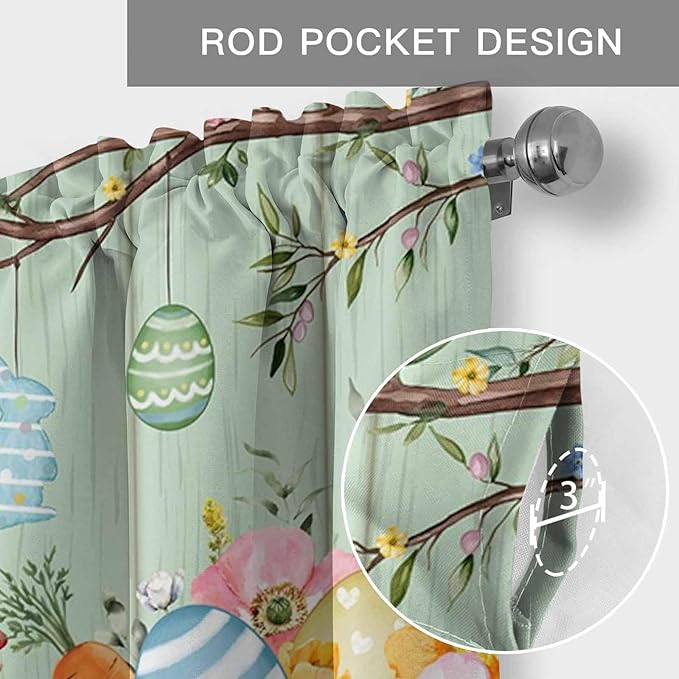 Easter Curtain Valances for Windows, Kitchen Valance Window Treatment, Spring Watercolor Bunny Eggs Wooden Grain Green Light Filtering Block Curtains for Bathroom/Bedroom/Living Room 60'' x 18''