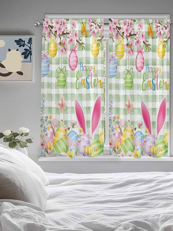 Happy Easter Bedroom Curtains 63 Inches length, Spring Bunny Eggs Flower Sage Green Plaid Window Treatment Curtain Drapes, Rod Pocket Curtain Panels for Living Room Kitchen, 42"x63", 2 Panels