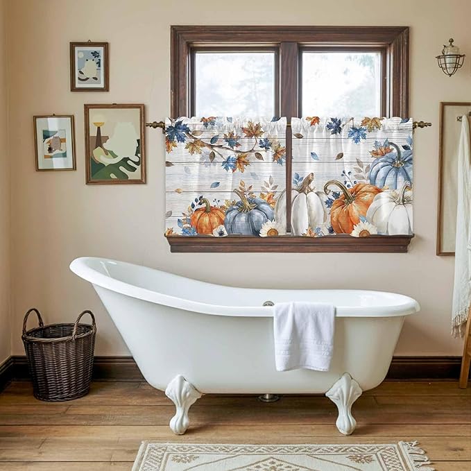 Thanksgiving Pumpkin Kitchen Tier Curtains 24 Inch Long 2 Panel Set,Rod Pocket Cafe Small Window Curtains Over Sink,Fall Maple Leaf Daisy Wooden Grain Short Drapes for Bathroom Cabinet 27.5"W x 24"L