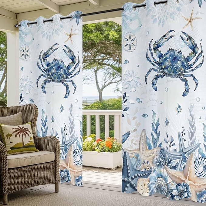 Oceans Outdoor Curtains for Patio Crabs Marine Life Shell Starfish Blue Waterproof Outside Curtains with Grommet Top Weatherproof Curtain for Cabana Pergola Gazebo, 2 Pack, 54" W x 108" L