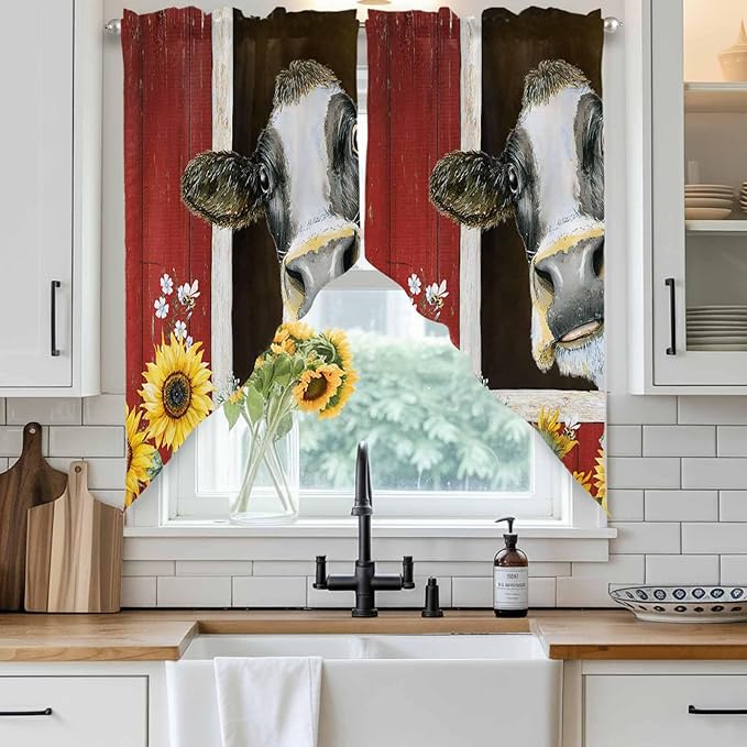 Cows Sunflowers Swag Valances for Windows, Rustic Farms Barns Flowers Bees Animals Rod Pocket Kitchen Curtains Valance, Kitchen Window Curtains Swag for Cafe Bathroom Living Room, 2 Panels, 36x63 inch