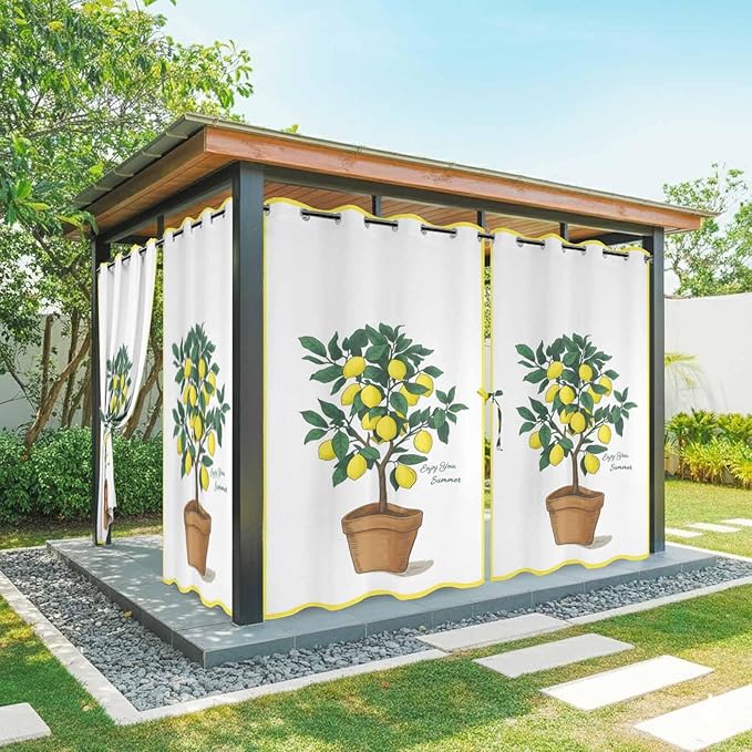 Lemons Outdoor Curtains for Patio Summer Fruit Lemon Tree Waterproof Outside Curtains with Grommet Top Weatherproof Curtain for Cabana Pergola Gazebo, 2 Pack, 54" W x 84" L