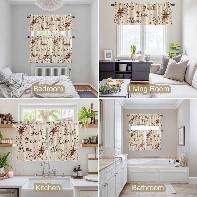 Kitchen Curtains Tiers and Valance Set of 3, Brown Farmhouse Light Filtering Window Curtain Set, Retro Country Stars Rustic Branches Berry Rod Pocket Curtain Drapes for Living Room, 36 Inches Tiers