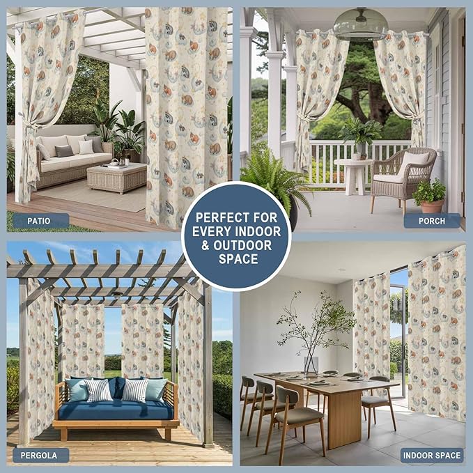 Cartoon Animals Outdoor Curtains for Patio Raccoons Rabbits Moon Linen Texture Waterproof Outside Curtains with Grommet Top Weatherproof Curtain for Cabana Pergola Gazebo, 2 Pack, 54" W x 84" L
