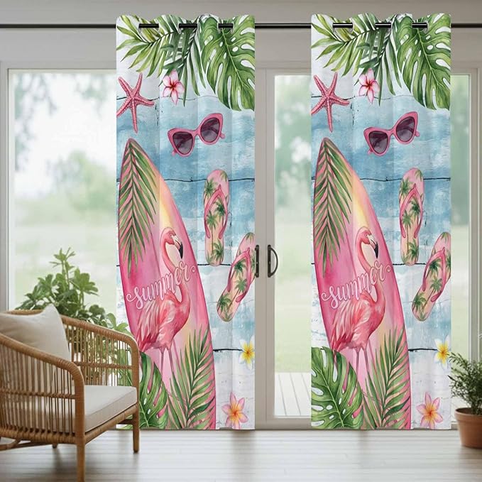 Summer Flamingbirds Outdoor Curtains for Patio Palm Leaves Plumeria Wood Waterproof Outside Curtains with Grommet Top Weatherproof Curtain for Cabana Pergola Gazebo, 1 Panel, 54" W x 108" L