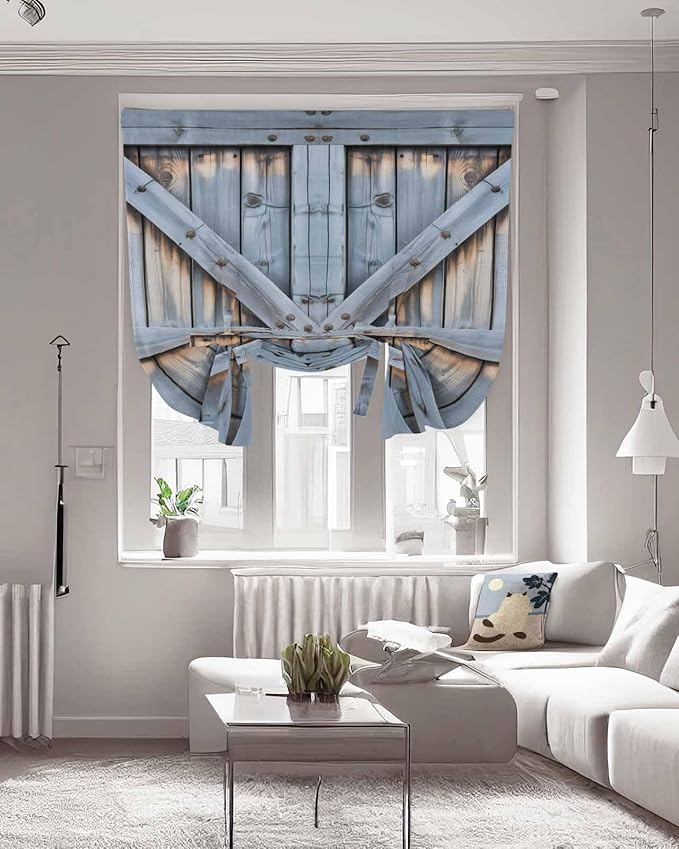 Tie Up Curtains for Windows, Farmhouse Wood Grain Adjustable Balloon Nature Linen Textured Kitchen Curtain, Vintage Country Barn Gate Textured Blackout Curtains for Living Room, 46 x 63 Inches