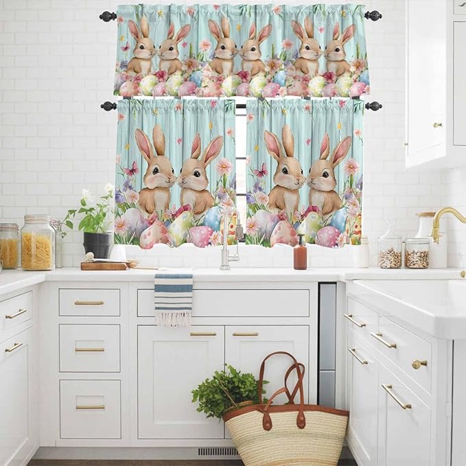 Easter Kitchen Curtains Set 3 Piece for Windows, Rod Pocket Valance and Tier Set 36 Inch Length, Spring Rabbit Colorful Eggs Flowers Wooden Grain Light Filtering Cafe Curtains for Living Room Bathroom