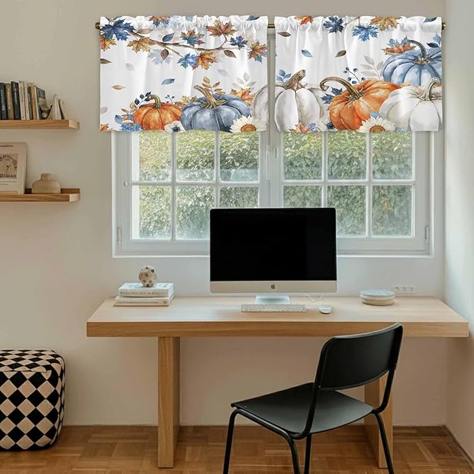Navy Blue Pumpkin Fall Kitchen Tier Curtains 24 Inch Long 2 Panel Set,Rod Pocket Cafe Small Window Curtains Over Sink,Thanksgiving Maple Leaves Branches Short Drapes for Bathroom Cabinet 27.5"W x 24"L