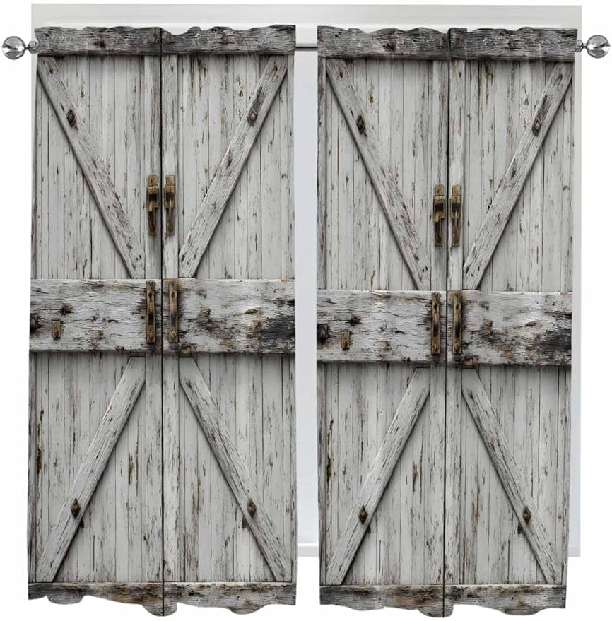 Vintage Gate Bedroom Curtains 63 Inches length, Farmhouse Wooden Grain Shabby Chic Door Window Treatment Curtain Drapes, Rod Pocket Curtain Panels for Living Room Kitchen, 42"x63", 2 Panels