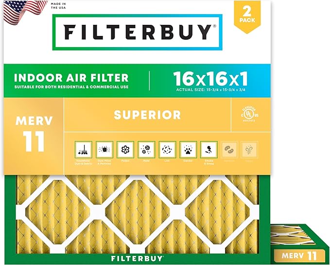 Filterbuy 16x16x1 Air Filter MERV 11 Superior Pet & Allergy Defense (2-Pack), Electrostatic Pleated HVAC AC Furnace Filters Replacement, Made in USA (Actual Size: 15.75 x 15.75 x 0.75)