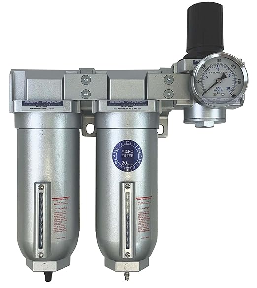 3/4" NPT Industrial (3-Stage) Moisture Removing Particulate Filter Water Separator and Oil, Moisture Vapor Removing Coalescing Filter and Air Pressure Regulator