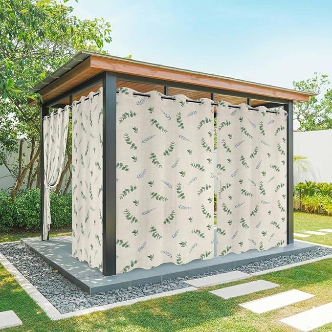 Leaf Outdoor Curtains for Patio Summer Jugal Leaves Pastoral Plant Linen Waterproof Outside Curtains with Grommet Top Weatherproof Curtain for Cabana Pergola Gazebo, 1 Panel, 54" W x 95" L