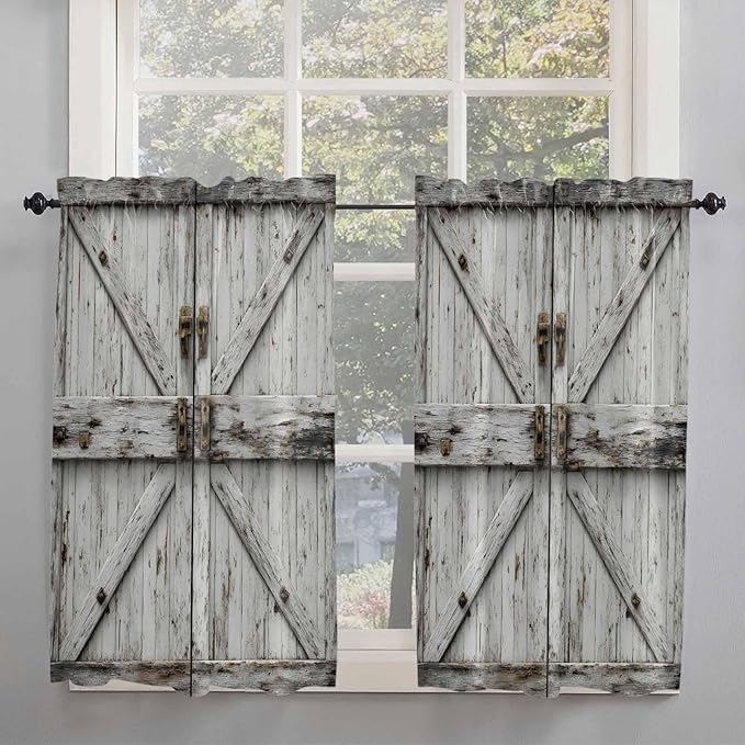 Vintage Gate Kitchen Curtains 45 Inches length, Farmhouse Wooden Grain Shabby Chic Door Window Treatment Curtain Drapes, Lightweight Window Panels for Living Room Bedroom, 52"x45", 2 Panels