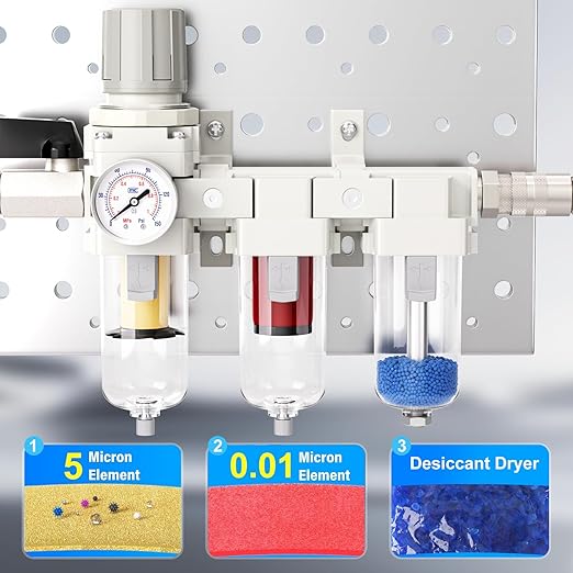 TAILONZ PNEUMATIC 0-150PSI 3/8 Inch NPT Grade 3 Stage Air Drying System, Particulate Filter, 5/0.01 Micron Filter Air Filter Pressure Regulator (Manual Drainage）