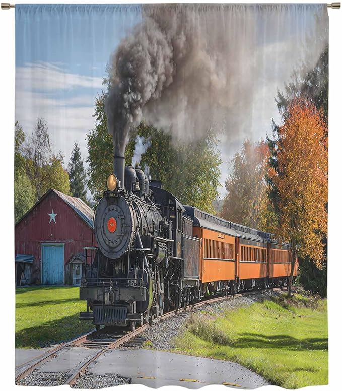 Steam Train Sheer Curtains 84 Inch Length Railroad Country Barn Rustic Trees Farmhouse Chiffon Curtain for Bedroom Living Room Light Filtering Rod Pocket Window Treatments Voile Curtains Drapes