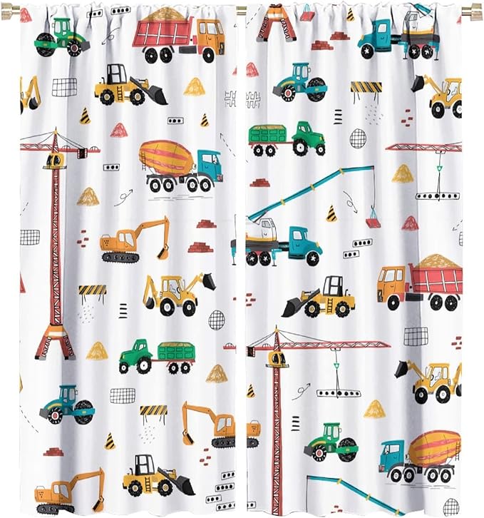 Construction Window Curtains, Kids Cartoon Construction Machines Building Hand Drawn Doodle Rod Pocket Decorative Windows Curtain for Children Teens Room Decor 42x54in (30% Blackout)