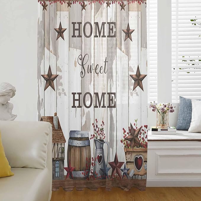Farmhouse Sheer Curtains 45 Inch Length Retro Country Star Berry Vintage Wood Grain Chiffon Curtain for Bedroom Living Room Light Filtering Window Treatments Voile Curtains Drapes for Kitchen