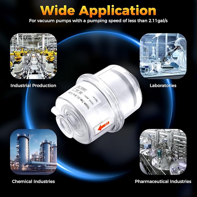 95% Efficiency Oil Mist Filter, Vacuum Pump Filter with KF25 Flange & Drain Pipe, for Pumps ≤2.11Gal/s
