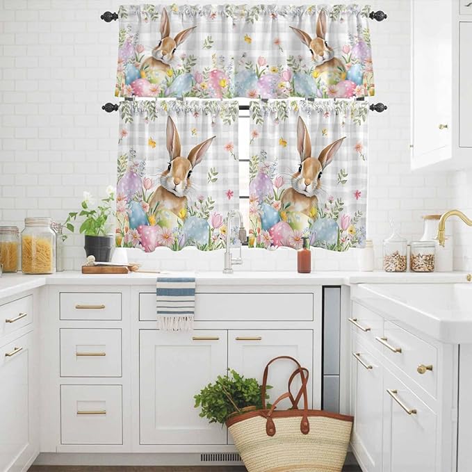 Kitchen Curtains Tiers and Valance Set of 3, Easter Light Filtering Window Curtain Set, Spring Rabbit Eggs Blooms Flowers Leaf Grey Plaid Rod Pocket Curtain Drapes for Living Room, 24 Inches Tiers