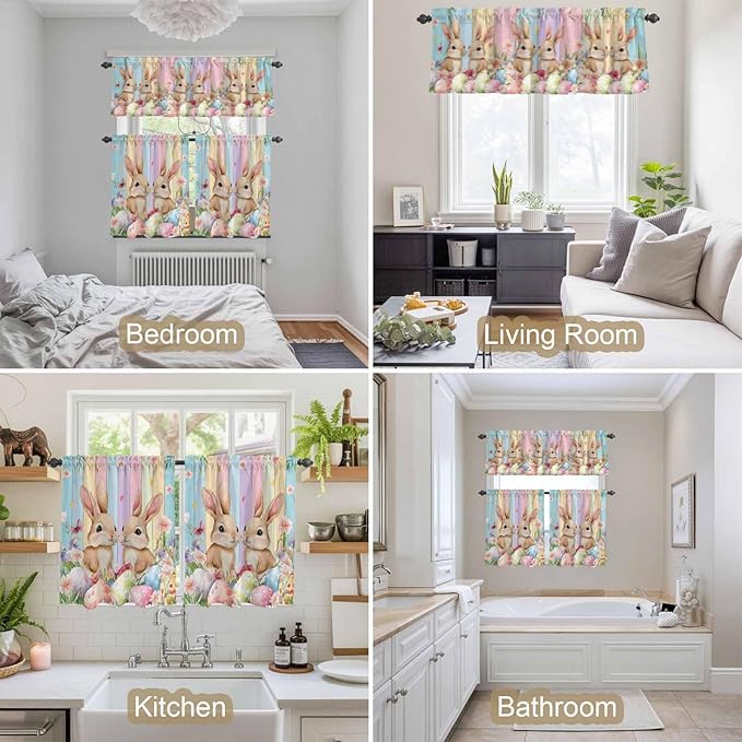 Easter Kitchen Curtains Set 3 Piece for Windows, Rod Pocket Valance and Tier Set 24 Inch Length, Spring Bunny Eggs Botanical Floral Wooden Grain Light Filtering Cafe Curtains for Living Room Bathroom