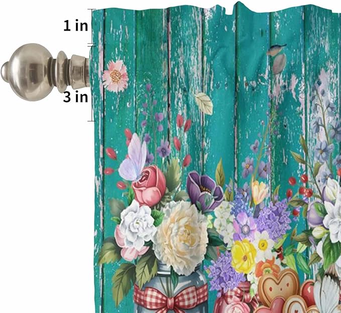 Kitchen Curtains Tiers and Valance Set of 3, Spring Flowers Light Filtering Window Curtain Set, Farmhouse Watercolor Teal Wood Grain Rod Pocket Curtain Drapes for Cafe, Living Room, 24 Inches Tiers