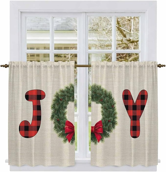 Red Green Christmas Kitchen Curtains 54 Inch Long 2 Panel Set, Rod Pocket Window Curtains Panels, Farmhouse Xmas Botanical Winter Light Filtering Drapery Draperies for Bathroom Bedroom 52"W x 54"L