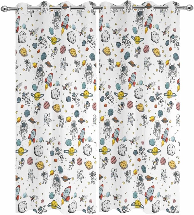 Cartoon Space Outdoor Curtains for Patio Astronauts Spacecraft Rockets Waterproof Outside Curtains with Grommet Top Weatherproof Curtain for Cabana Pergola Gazebo, 2 Pack, 54" W x 108" L