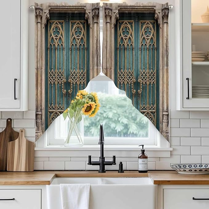 Turquoise Vintage Door Swag Valances for Windows, Countryside Barn Abstract Art Rod Pocket Kitchen Curtains Valance, Small Window Curtains Swag for Cafe Bathroom Living Room, 2 Panels, 28x36 inch