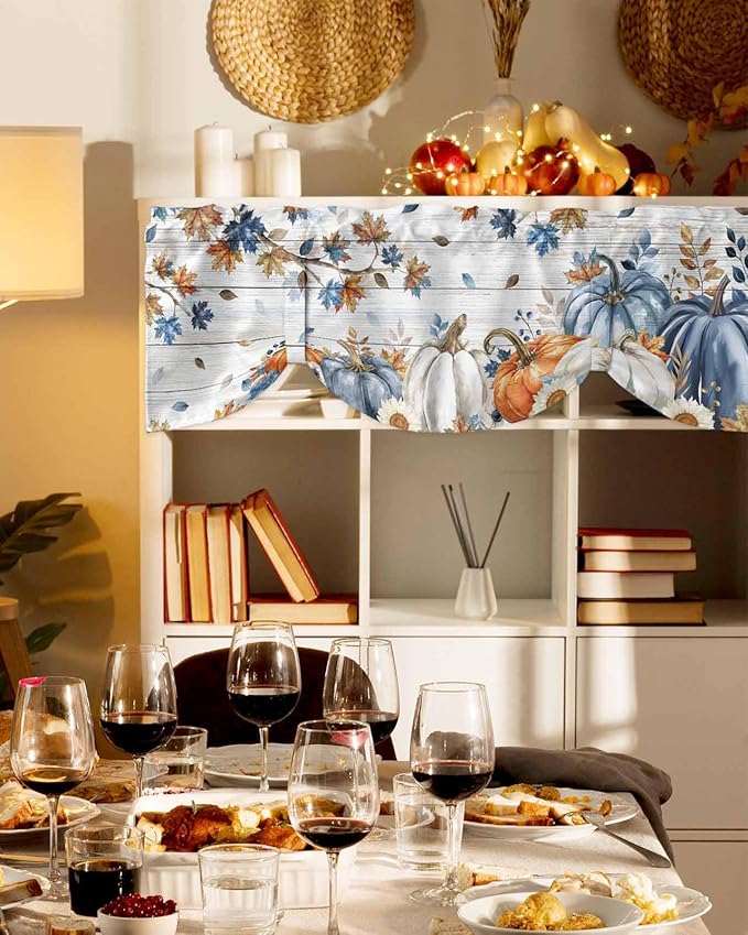 Thanksgiving Pumpkin Tie Up Valance Curtains for Windows, Kitchen Curtains Window Shades, Fall Maple Leaf Daisy Wooden Grain Light Filter Roman Curtain Valances for Bedroom/Bathroom/Cafe 42'' x 18''