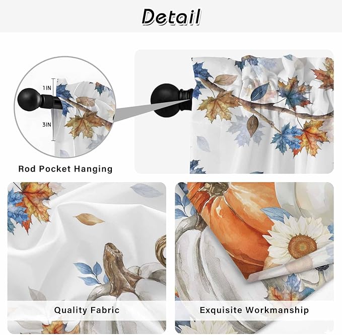 Navy Blue Pumpkin Fall Window Curtains 72 Inch Long 2 Panel Set,Rod Pocket Long Curtains & Drapes,Thanksgiving Maple Leaves Branches Window Treatment for Bedroom Living Room 52"W x 72"L