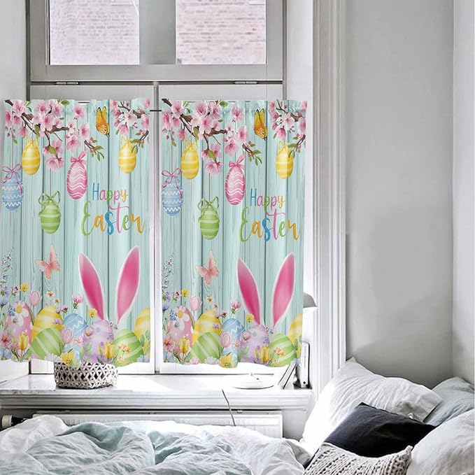 Happy Easter Tier Curtains 45 Inches Long, Spring Bunny Eggs Flower Teal Wood Grain Window Treatment Curtain Drapes, Window Half Privacy Curtains for Bedroom Bathroom, 42"x45", 2 Panels