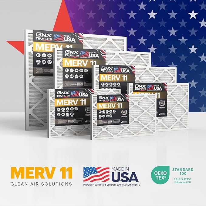 BNX 20x25x1 MERV 11 Air Filter 2 Pack - MADE IN USA - Electrostatic Pleated Air Conditioner HVAC AC Furnace Filters - Removes Dust, Mold, Pollen, Lint, Pet Dander, Smoke, Smog