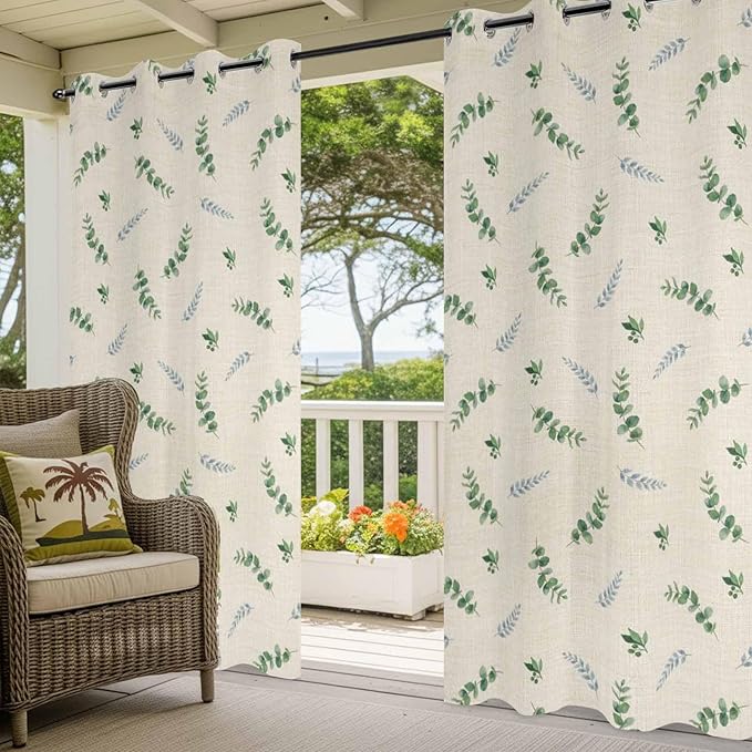 Leaf Outdoor Curtains for Patio Summer Jugal Leaves Pastoral Plant Linen Waterproof Outside Curtains with Grommet Top Weatherproof Curtain for Cabana Pergola Gazebo, 1 Panel, 54" W x 108" L