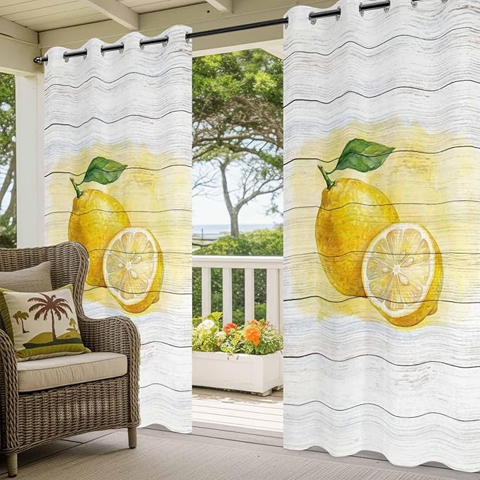 Lemons Yellow Summer Fruit Vintage Wood Outdoor Curtains for Patio Waterproof Outside Curtains with Grommet Top Weatherproof Curtain for Cabana Pergola Gazebo, 1 Panel, 54" W x 108" L