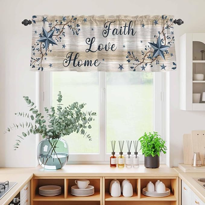 Kitchen Curtains Tiers and Valance Set of 3, Vintage Country Light Filtering Window Curtain Set, Blue Rustic Texas Star Vines Wooden Grain Rod Pocket Curtain Drapes for Living Room, 24 Inches Tiers