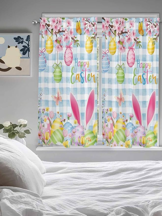 Happy Easter Bedroom Curtains 63 Inches length, Spring Watercolor Bunny Eggs Flower Blue Plaid Window Treatment Curtain Drapes, Rod Pocket Curtain Panels for Living Room Kitchen, 42"x63", 2 Panels