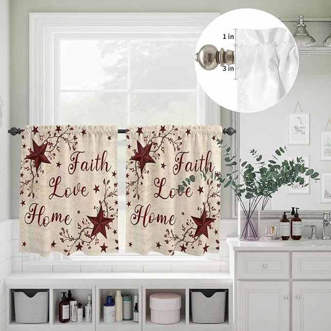 Kitchen Curtains Tiers and Valance Set of 3, Vintage Country Light Filtering Window Curtain Set, Vintage Rustic Texas Stars Plants Branch Rod Pocket Curtain Drapes for Living Room, 24 Inches Tiers