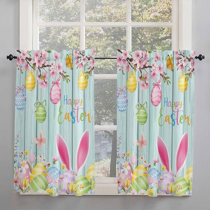 Happy Easter Tier Curtains 45 Inches Long, Spring Bunny Eggs Flower Teal Wood Grain Window Treatment Curtain Drapes, Small Curtain Drapes for Bathroom Laundry Room, 27.5"x45", 2 Panels