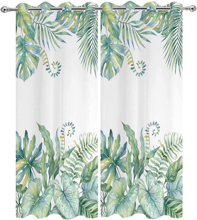 Leaves Outdoor Curtains for Patio Green Leaf Tropical Plants Farmhouse Pastoral Waterproof Outside Curtains with Grommet Top Weatherproof Curtain for Cabana Pergola Gazebo, 2 Pack, 54" W x 95" L